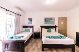 蓬塔卡纳Hostal Las Rosas de Punta Cana的一间卧室设有两张床和窗户。