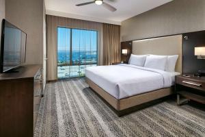 圣地亚哥圣地亚哥市中心/碧沙希尔顿惠庭套房酒店的酒店客房设有一张大床和一台电视。