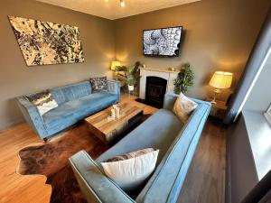 利明顿温泉No50 - 2-bed Boutique Apartment - Hosted by Hutch Lifestyle的客厅设有蓝色的沙发和壁炉