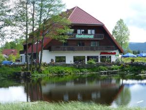 布莱特瑙磨坊咖啡厅膳食酒店的前面有一条河流的建筑