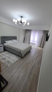基希讷乌Аэропорт Апартаменты 24&24的一间卧室配有一张床,铺有木地板