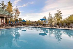 南太浩湖Hilton Vacation Club Lake Tahoe Resort South的一个带椅子和蓝伞的游泳池