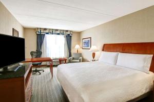 伯灵顿多伦多伯林顿希尔顿花园酒店的酒店客房配有一张床、一张书桌和一台电视。