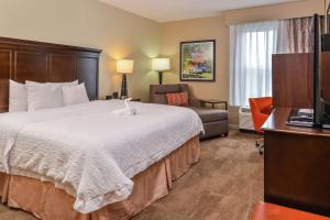夏洛特Hampton Inn & Suites Charlotte Arrowood Rd的酒店客房设有一张大床和一张沙发。