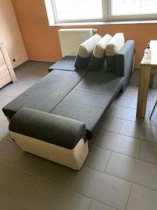 瓦夫尔Le Petit Parc的一张沙发,地板上摆放着枕头,