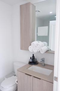 米西索加Modern luxury Waterfront Condo的一间带水槽、卫生间和镜子的浴室
