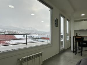 乌斯怀亚Jainen Apartamentos的厨房设有大窗户,享有城市美景。