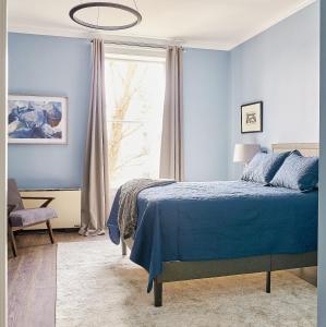 斯克内克塔迪The Stockade Inn的蓝色的卧室设有床和窗户