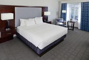 斯克兰顿斯克兰顿希尔顿酒店暨会议中心的酒店客房带一张大床和一把椅子