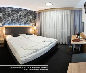 小莫拉夫卡Hotel Kamzík ***的酒店客房设有一张大床和一张书桌。