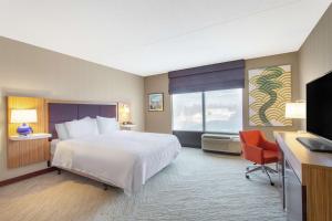 莱瑟姆奥尔巴尼机场汉普顿套房酒店的酒店客房配有一张床、一张书桌和一台电视。