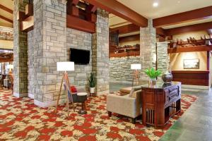 尼亚加拉瀑布希尔顿逸林瀑布景观Spa度假酒店-尼亚加拉大瀑布的客厅设有石头壁炉、沙发和椅子