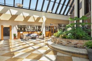 杰克逊杰克逊希尔顿逸林酒店的室内大堂设有玻璃天花板和植物