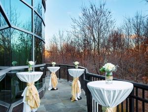 洛克维尔罗克维尔-盖瑟斯堡希尔顿花园酒店的阳台配有两张带鲜花的桌子。