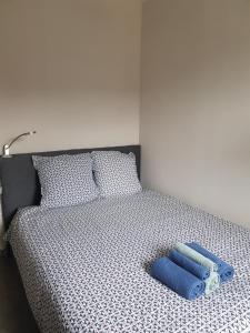 卡布尔Appartement Liza 2 pièces Vue Mer à Cabourg的床上有2个蓝色枕头