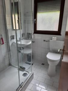多内斯科尔岑Casa Luna的带淋浴、卫生间和盥洗盆的浴室