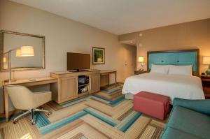 普兰特城Hampton Inn Plant City的酒店客房设有一张床和一张带电视的书桌。