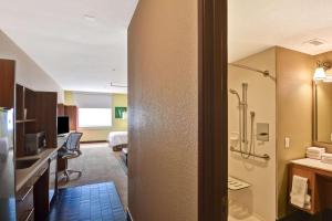 阿尔伯克基希尔顿阿布奎基市区/大学希尔顿Home2套房酒店的酒店客房设有带淋浴的浴室。