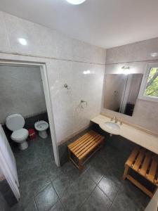 埃尔卡拉法特Casa Lago Argentino的一间带水槽、卫生间和镜子的浴室