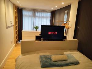 曼彻斯特Serendipity的一间卧室配有电视和一张带枕头的床