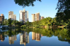 戈亚尼亚Hostel Bimba Goiânia - Unidade 02的城市中河流的美丽景色,城市中建筑高耸
