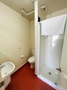 罗托鲁瓦Stay Hostel Rotorua的带淋浴、卫生间和盥洗盆的浴室