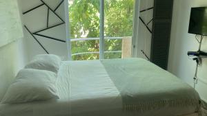 阿卡普尔科书屋迪亚曼特滨海公寓的一间卧室设有一张大床和窗户