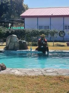 Okahatjipara Lodge的坐在游泳池里的男人