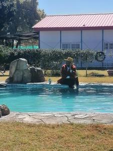 Okahatjipara Lodge的坐在游泳池边的人