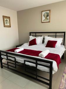 阿鲁沙Imbasa House - Arusha的一张配有红色和白色枕头的大床