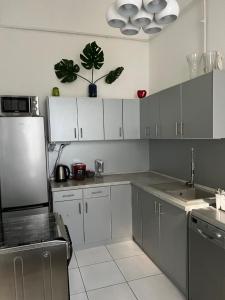 布达佩斯Allomas Apartman的厨房配有白色橱柜和不锈钢用具