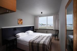 霍芬Höfn - Berjaya Iceland Hotels的酒店客房设有一张床和两个窗户。