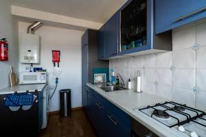 海边的艾格蒙特Appartement Majelle的厨房配有蓝色橱柜、水槽和炉灶。