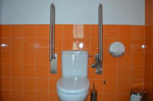 Arroyo de la LuzHostel Divino Morales的浴室设有卫生间和橙色瓷砖墙