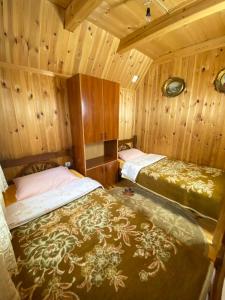VerušaVikendica Verusa的木墙客房的两张床