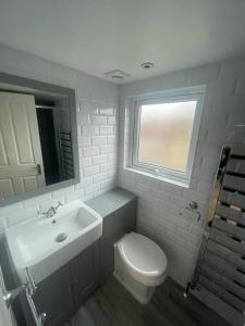 伦敦Charming 5 Bed - Leytonstone E11的一间带卫生间、水槽和窗户的浴室