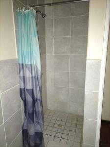 DespatchDespatch Self Catering Apartments的浴室内配有蓝色淋浴帘