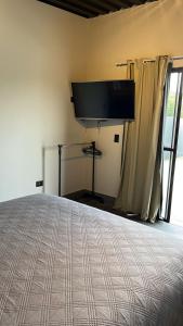 圣罗克CHALÉS SÃO ROQUE的一间卧室配有一张床和一台平面电视