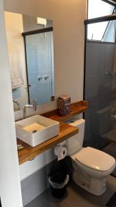 圣罗克CHALÉS SÃO ROQUE的一间带水槽、卫生间和镜子的浴室