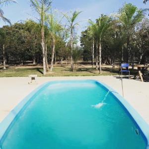 诺布里斯pousada camping do josias的一个带椅子和棕榈树的蓝色游泳池