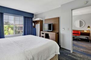 圣安娜奥兰治县机场圣安娜汉普顿套房旅馆 的酒店客房配有一张床、一张书桌和一台电视。