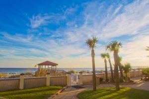 彭萨科拉海滩希尔顿彭萨科拉海滩酒店的棕榈树海滩和凉亭的景色