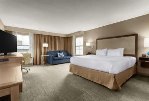 乔治敦乔治敦码头希尔顿恒庭酒店的酒店客房设有一张大床和一张蓝色的沙发。