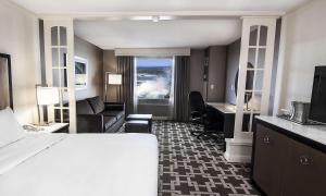 尼亚加拉瀑布希尔顿尼亚加拉大瀑布/瀑布景观套房酒店的配有一张床和一张书桌的酒店客房