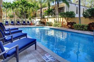 迈阿密迈阿密椰林/科勒尔盖布尔斯希尔顿恒庭酒店的一座带蓝色椅子的大型游泳池和一座建筑