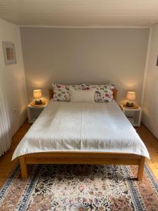 索林根Bergisches Cottage Solingen的一间卧室配有一张床,两台桌子上放着两盏灯