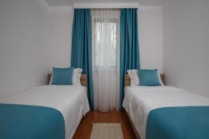 科托尔Villa Palma的蓝色和白色的客房内的两张床