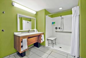 罗切斯特纽约希尔顿亨丽埃塔罗切斯特家庭套房酒店的绿色浴室设有水槽和淋浴