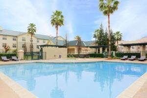 萨克拉门托萨克拉门托机场纳托马斯希尔顿惠庭套房酒店的一座棕榈树和建筑的大型游泳池