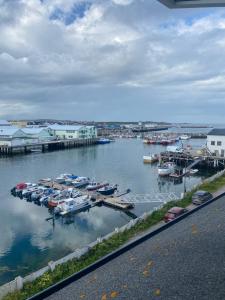 瓦尔德Bangsund harbour view的享有码头和水中船只的景色